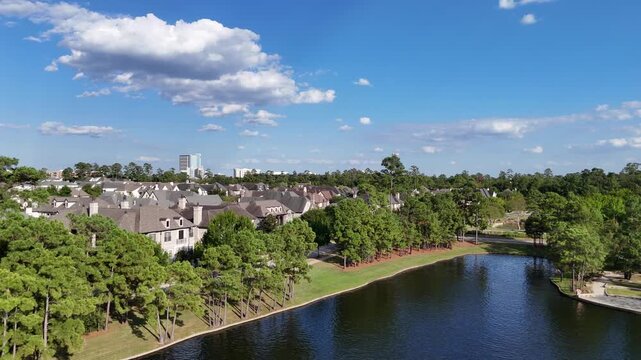 Aerial view of luxurious residential area with million dollar houses by the Woodlands lake, Houston,Texas