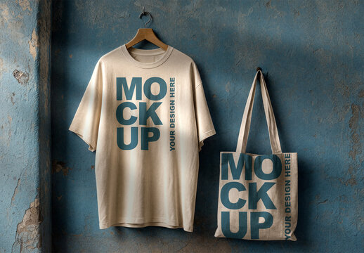 Oversized T-Shirt and Tote Bag Mockup on Grunge Blue Wall