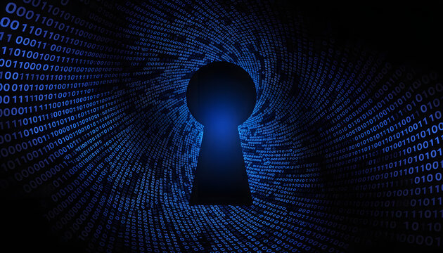 Digital security concept with a keyhole shape surrounded by a swirling vortex of binary code in shades of blue