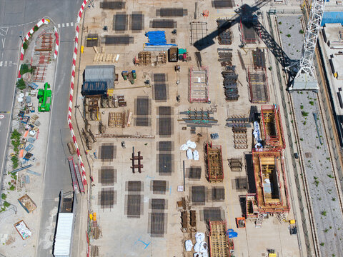 Aerial view of the HS2 Concrete Segment Manufacturing and Production Site showing rebar cages and industrial equipment Birmingham, England, United Kingdom.