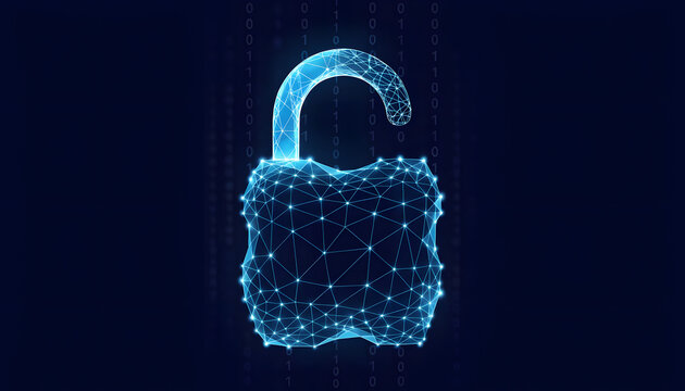 Digital security concept with a glowing blue wireframe padlock icon on a dark background with binary code