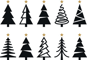 Obraz premium Christmas tree black silhouettes vector illustration set with gold star toppers isolated on a white background