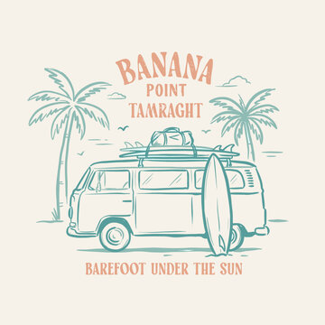 Barefoot under the sun surf bus. Retro apparel design for t-shirt printing. Surfboard van with palm trees on beach. Vintage sketch illustration in pastel colors.