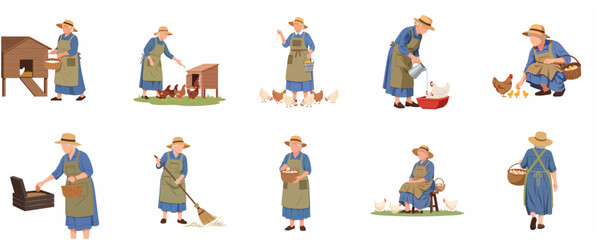 Senior Woman Farmer Character Set Tending to Chickens and Collecting Eggs in Poultry Farm Vector Illustration © Iwakk