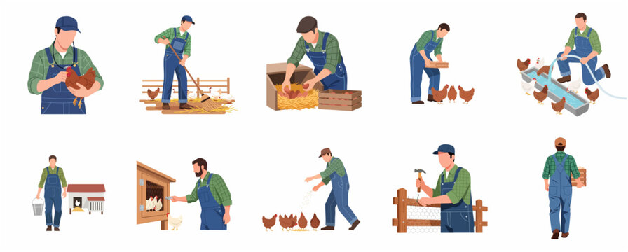 Poultry farmer character set performing various tasks on a chicken farm isolated on white