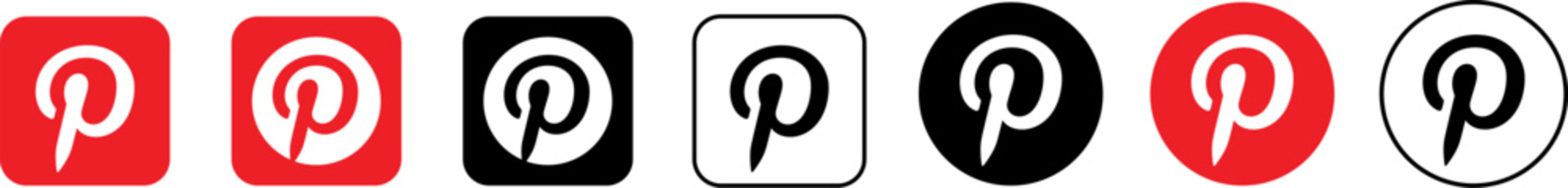 pinterest logo transparent png, Set of Pinterest brand logo icons in various square and circular button design styles.