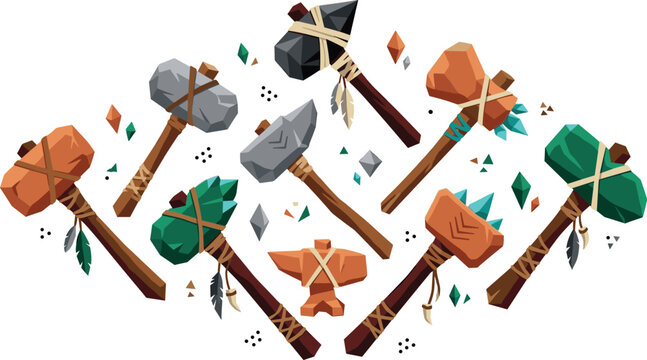 Prehistoric Stone Age Axe and Hammer Icon Set Featuring Primitive Weapons, Low Poly Rock Tomahawks, and Crystal Cudgels for RPG Game Asset Designs