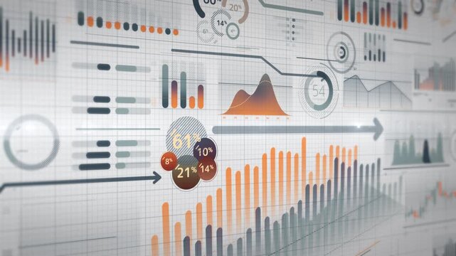 Animated charts and graphs of abstract data on a scrolling background