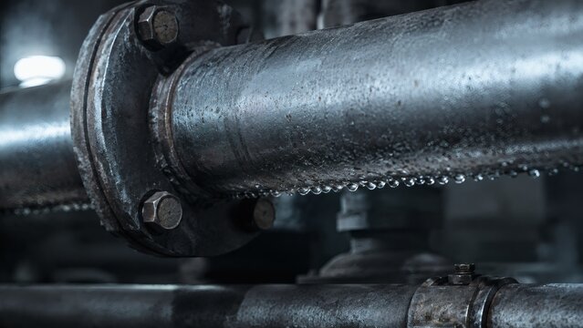 Water condensation droplets on cold industrial pipe