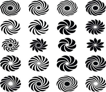 black and white spiral vortex shapes set, hypnotic swirl and sunburst geometric vector collection.