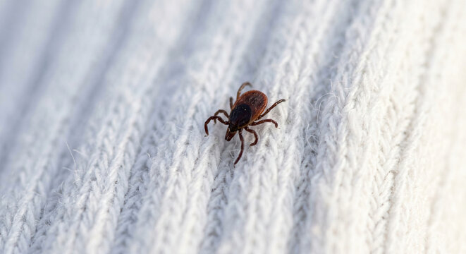 Macro shot of a small dangerous tick crawling on white knitted fabric or wool clothing