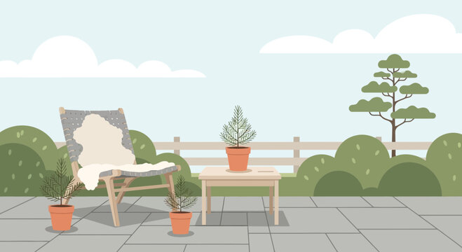 Cozy Patio Scene: Relaxing Chair, Small Table, Potted Plants, Outdoor Fence