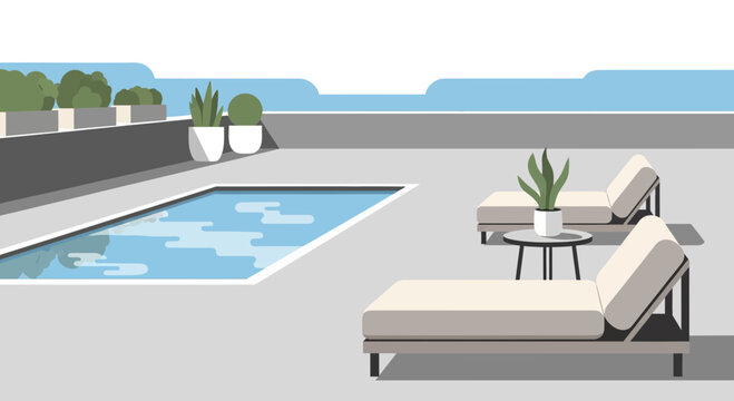 Modern rooftop pool with lounge chairs and plants, clear blue sky, ocean view