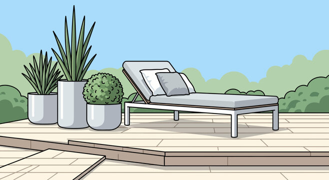 Modern outdoor lounge chair with plants on wooden deck, relaxation concept.