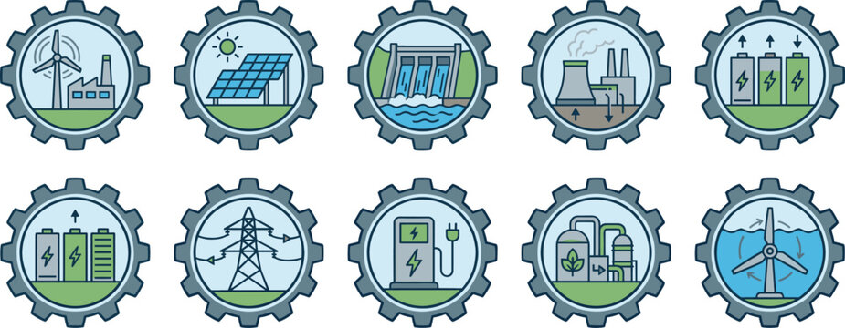 Renewable energy icon set inside gear frames featuring wind turbines solar panels hydroelectric dam battery storage power lines and green industry technology illustrations.