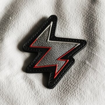 Bold lightning patch stitched with red and silver thread. Black stitched border frames rugged design. Patch rests on soft white fabric surface. Stylized symbol suggests energy, speed, or power