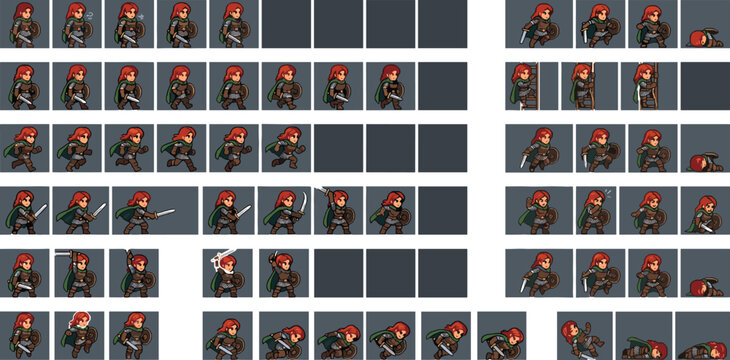 Female medieval warrior character sprite sheet for 2D games including animations for idle, walking, running, sword attacking, climbing, jumping, and death in cartoon style.