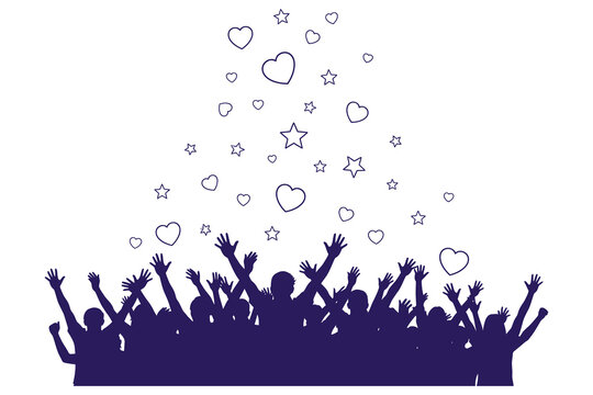 Crowd silhouette with falling hearts and stars celebration vector illustration