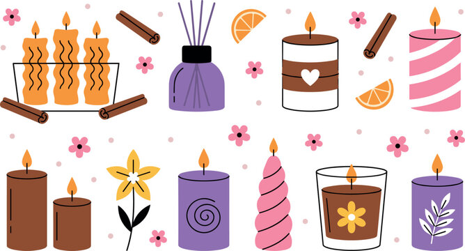 Decorative Scented Candle and Reed Diffuser Vector Set with Cinnamon Sticks, Citrus Slices and Floral Elements