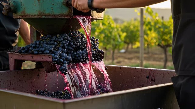 Man crushing fresh purple grapes in mechanical press at vineyard. Winemaker extracting juice from grape berries for wine production, traditional alcoholic drink.