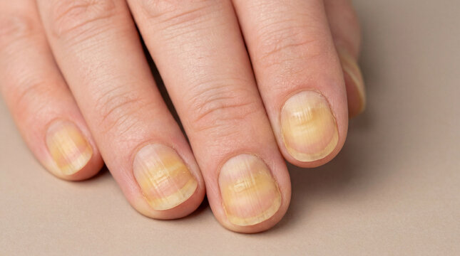 Close-up of unhealthy yellow fingernails affected by onychomycosis, a common fungal nail infection