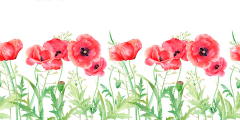 Watercolor seamless border with red poppies and green foliage isolated on white. Hand drawn floral strip for summer textile print, wedding invitations, greeting cards and botanical stationery. © Natalia