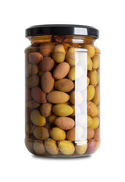 Taggiasca or Cailletier olives with stone, in brine, in glass jar with screw cap. Colorful mix of whole, unripe, cured green olives, and ripe, purple olives, preserved in a water-and-salt brine. Photo