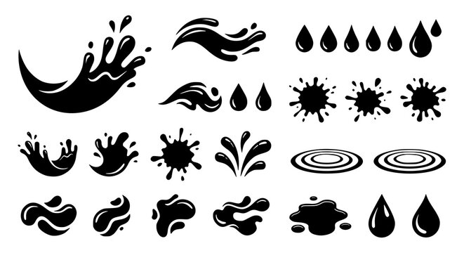 Liquid Splash and Ink Drop Silhouette Vectors with Ripple Water Symbols