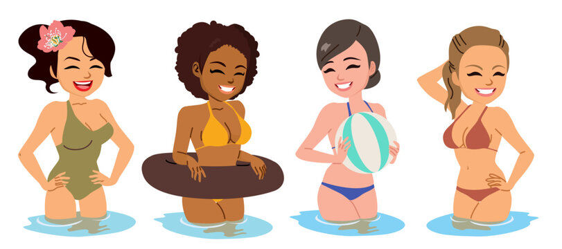 Vector cartoon illustration of a woman wearing swimwear isolated on white background. Relaxed summer lifestyle concept ideal for beach vacations, tourism promotions, fashion campaigns, and seasonal pr