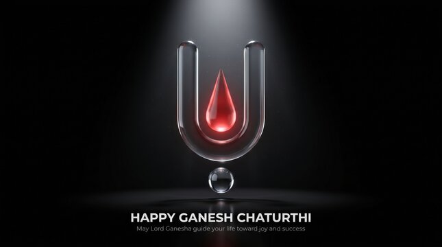 Gleaming Om symbol with red drop and orb on dark background celebrating Ganesh Chaturthi Hindu symbol