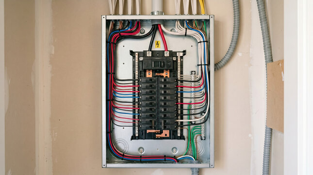 Wall-Mounted Circuit Breaker Panel with Warning Sign"