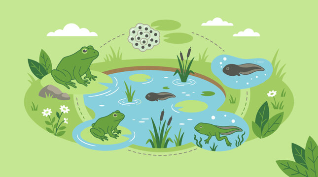 Group of green pond frogs and tadpoles together.