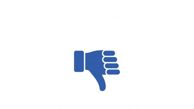 A motion graphic animation of a dislike thumbs down icon, blue on a white background, signifying disagreement or negativity.