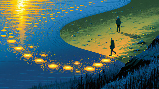 Two figures by a lake at dusk with glowing stepping stones across the water illustration journey concept