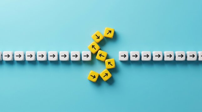 A row of white cubes with arrows pointing right are interrupted by a cluster of yellow cubes with arrows pointing in various directions, creating a gap. Above, a blue background