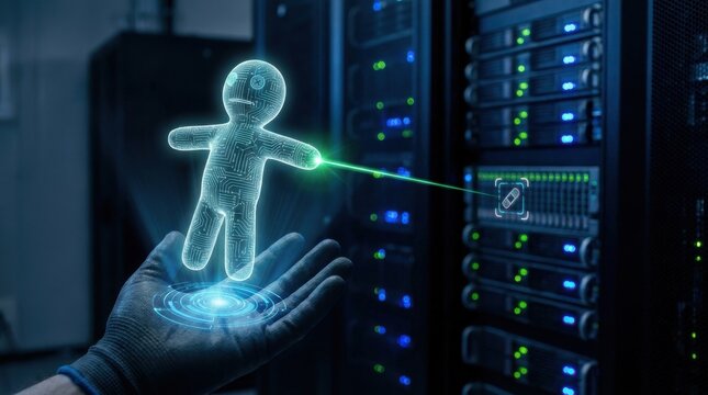Digital Voodoo Doll Hologram Held Over Server Rack in Data Center