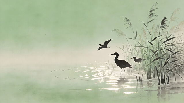 Silhouetted herons and reeds in misty water scene