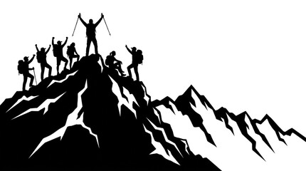 Obraz premium Hiking Team Reaching Mountain Summit Silhouette Illustration