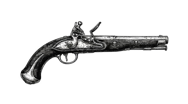 An antique flintlock pistol with intricate metalwork and a wooden grip, depicted in a detailed black and white illustration.