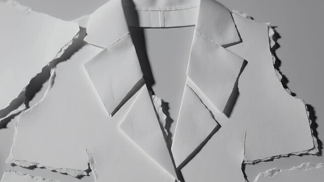 Torn paper sculpture of a white blazer collar and lapels