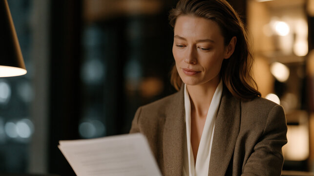Solitary GDPR compliance auditor reviews cross-border data transfer agreements in warm-lit law office, standard contractual clauses annotated across multiple jurisdictions documentation, internation