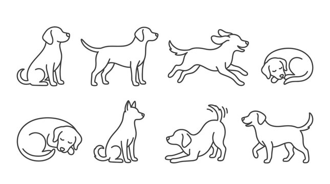 Minimalist Dog Outline Vector Illustration Set Featuring Various Poses Like Sitting Running and Sleeping