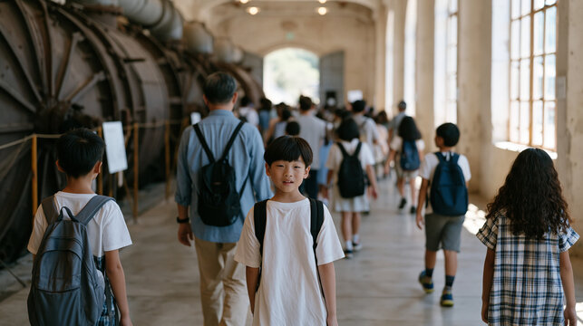 Parent volunteers trail a school field trip group through an industrial history museum, but one father stays three inches behind his child at every exhibit while other children roam freely, the spat