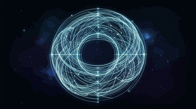 Abstract glowing digital torus with light trails and cosmic background