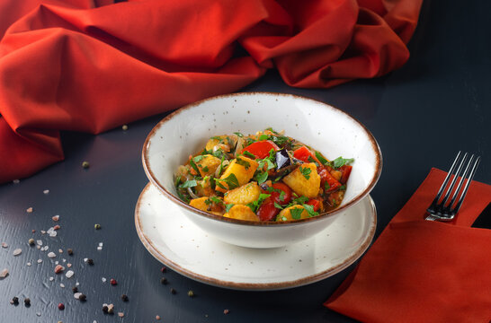 Geargian Ajapsandali - stewed vegetables eggplant, tomato, bell pepper with herbs and spices.