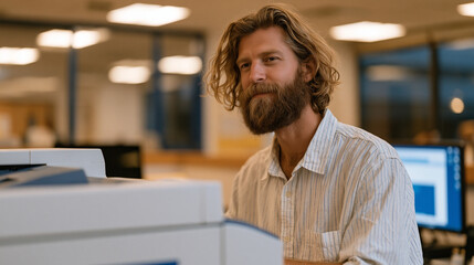 Fototapeta premium Election integrity technician conducts pre-election voting machine security validation in county clerk office under warm indoor lighting, cryptographic seal verification process, local government el
