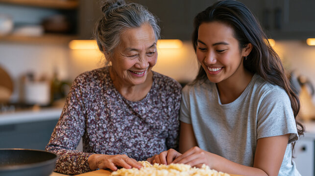 Elderly Vietnamese grandmother teaches teenage granddaughter traditional cooking technique in modern kitchen on quiet July Sunday, intergenerational knowledge transfer, family heritage, cultural cui