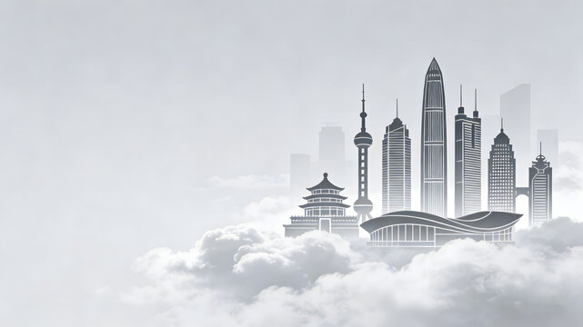 Silhouetted Shanghai skyline with iconic buildings emerging from clouds