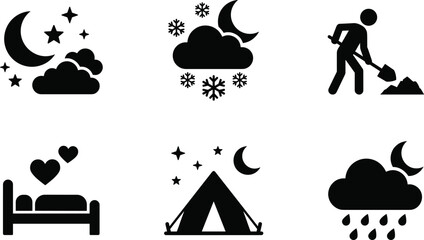 Black silhouette vector icon set presenting night weather conditions camping tent bedtime rest and construction labor worker. © MstBabli