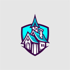 Obraz premium Haunted House Building Purple Shield Badge Logo Vector Illustration